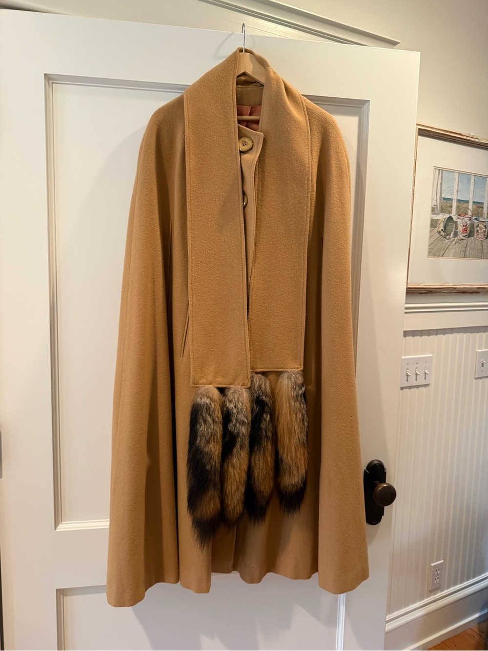 Camel Wool Cape Coat with Fur Trim